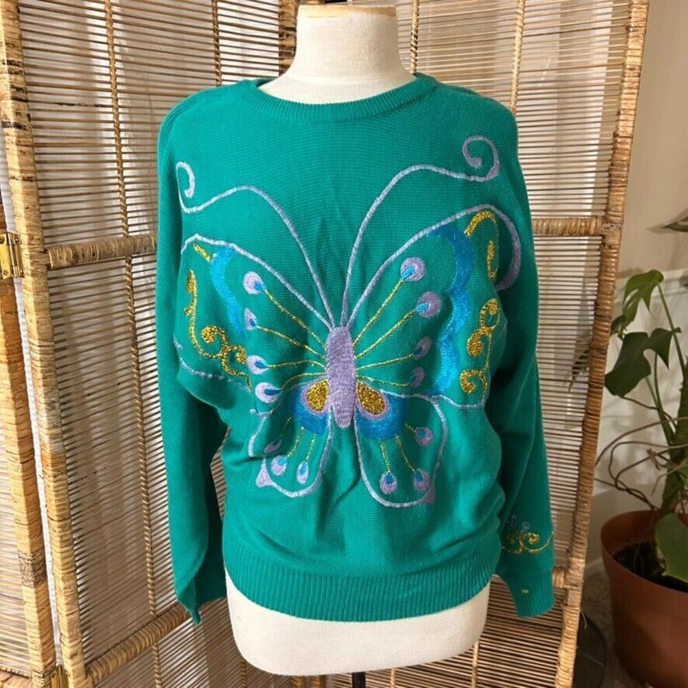 Vintage 60s CYN LES Embroidered Sweater Size L Shirlee designs Floral Butterfly